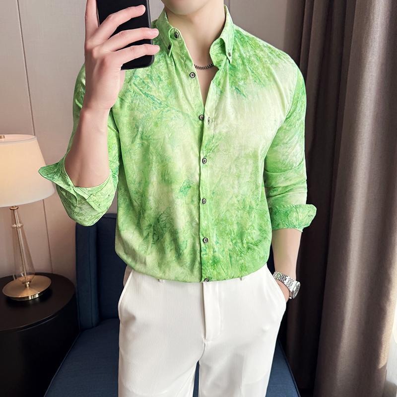 Trendy Tie-dye Printed Shirt Men’s Long Sleeve Spring Slim-fitting - Green / M