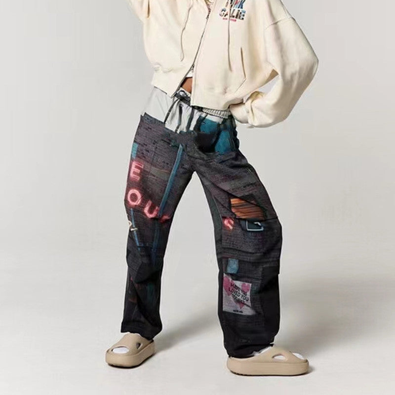 Fashion Graffiti Elastic Loose Casual Pants - Grey / One size