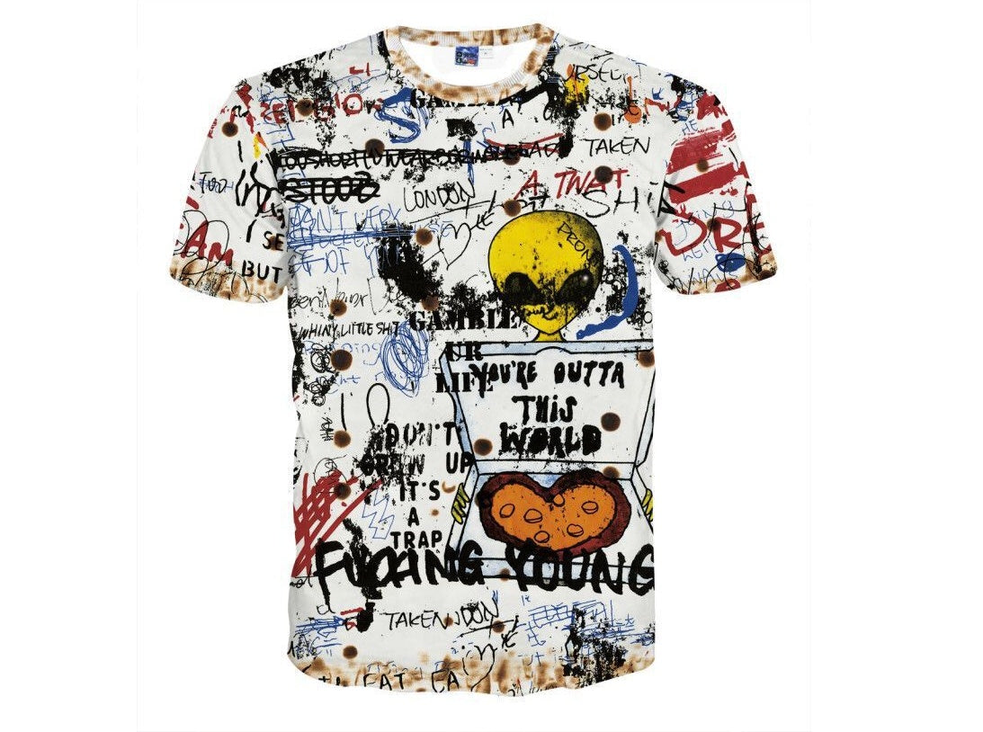 Summer new European and American street fashion high street hip hop graffiti rainbow alien short-sleeved T-shirt men
