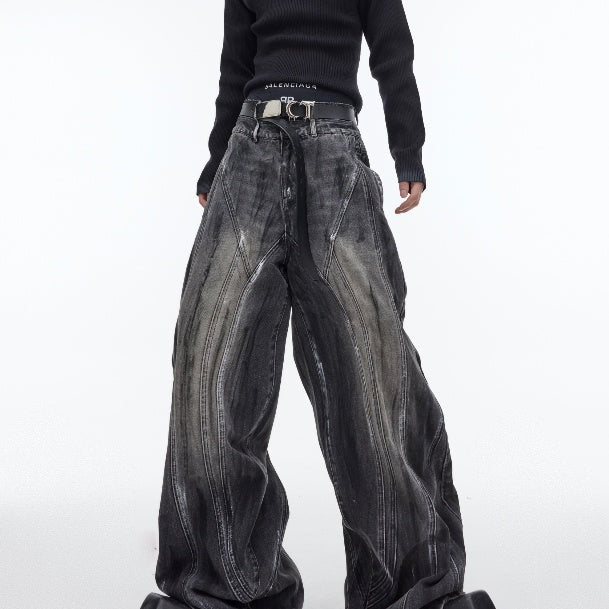 Heavy Retro Distressed Wide Leg Loose Jeans - BLACK / L