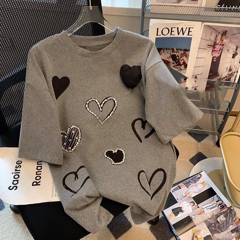 Fashion Gray Heart Shape With Diamond T-shirt For Women