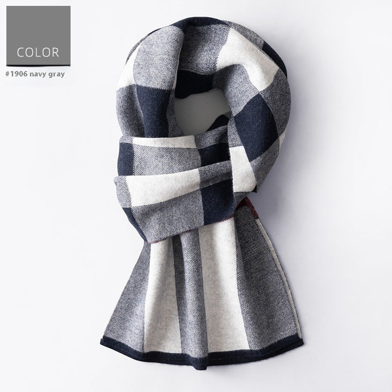 Wool Scarf Men’s Winter Plaid Double-sided Scarf - 1906 Navy Blue Gray / 180x30cm