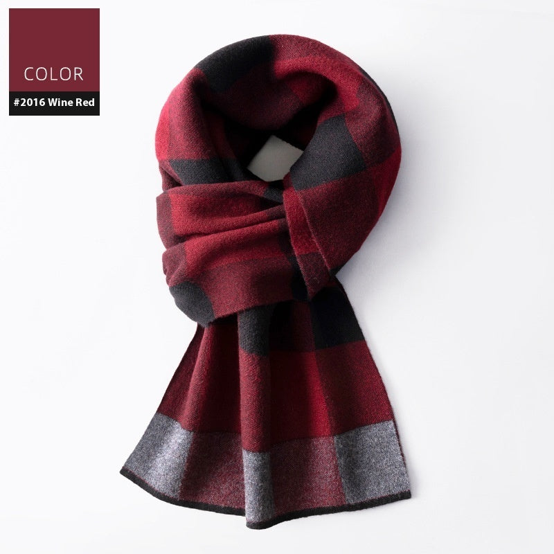 Wool Scarf Men’s Winter Plaid Double-sided Scarf - 2016 Wine Red / 180x30cm
