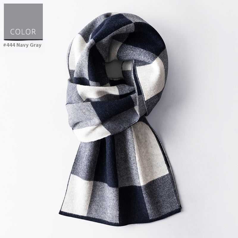 Wool Scarf Men’s Winter Plaid Double-sided Scarf - 4444 Navy Blue Gray / 180x30cm