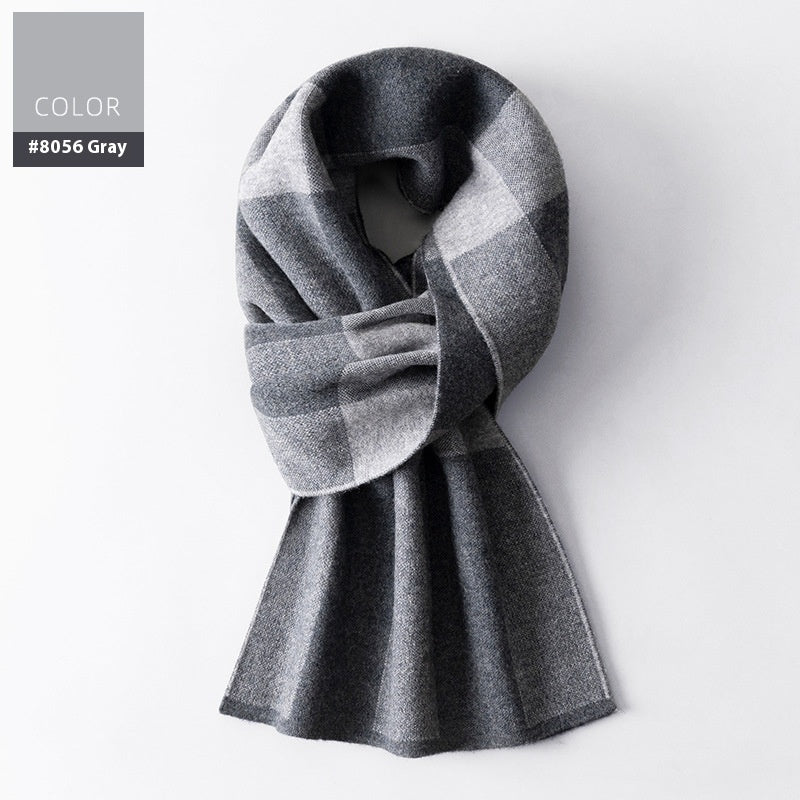 Wool Scarf Men’s Winter Plaid Double-sided Scarf - 8056 Gray / 180x30cm