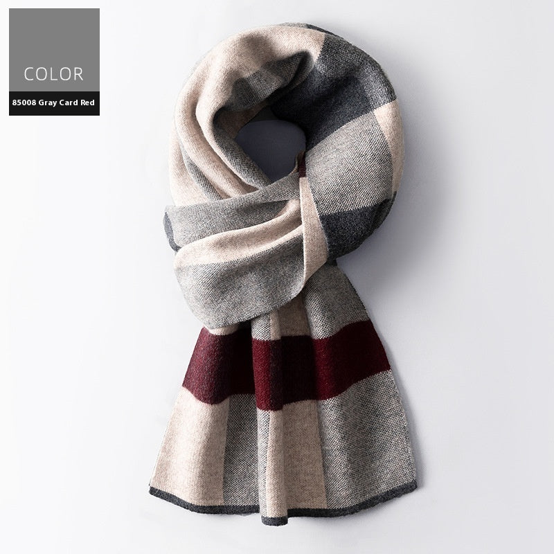 Wool Scarf Men’s Winter Plaid Double-sided Scarf - 85008 Gray Chip Red / 180x30cm