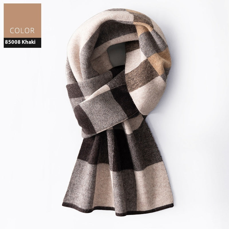 Wool Scarf Men’s Winter Plaid Double-sided Scarf - 85008 Khaki Coffee / 180x30cm