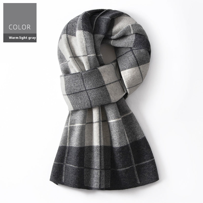 Wool Scarf Men’s Winter Plaid Double-sided Scarf - Warm Grid Light Gray / 180x30cm