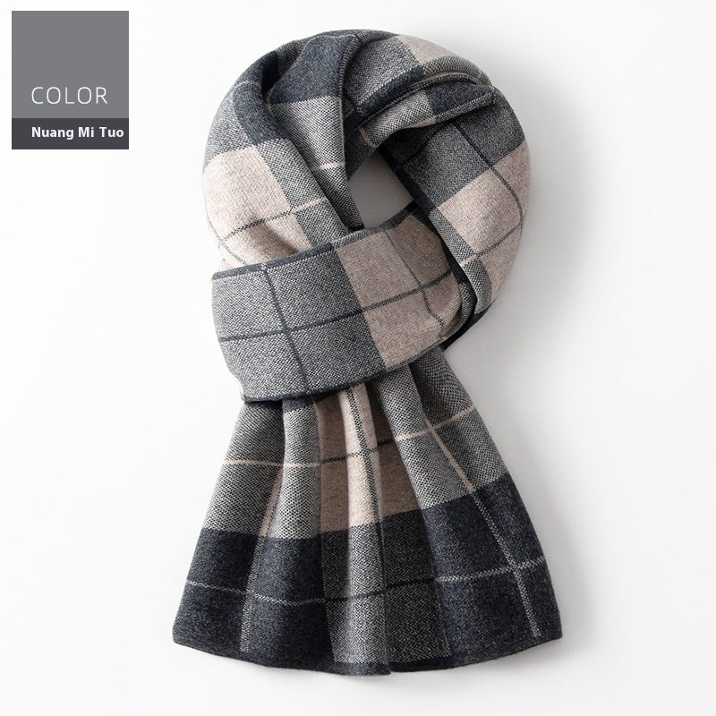 Wool Scarf Men’s Winter Plaid Double-sided Scarf - Warm Grid Rice Camel / 180x30cm