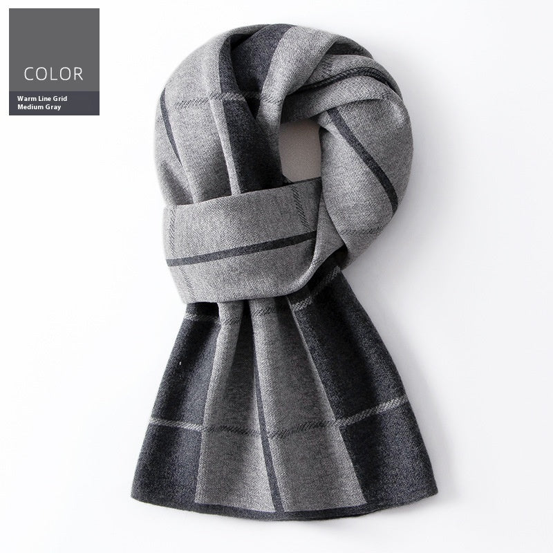 Wool Scarf Men’s Winter Plaid Double-sided Scarf - Warm Line Grid Gray / 180x30cm