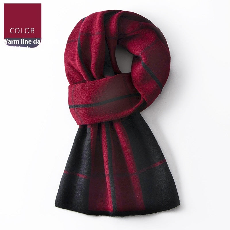 Wool Scarf Men’s Winter Plaid Double-sided Scarf - Warm Line Grid Dark Red Black / 180x30cm