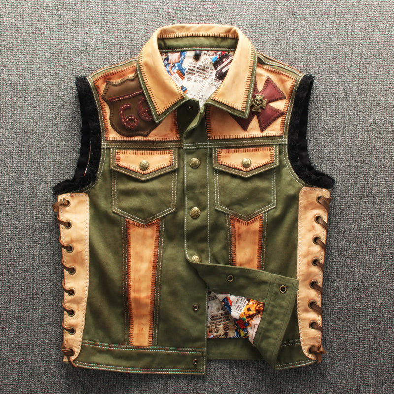 Green Canvas Slim Lapel Punk Motorcycle Vest - Green / XL