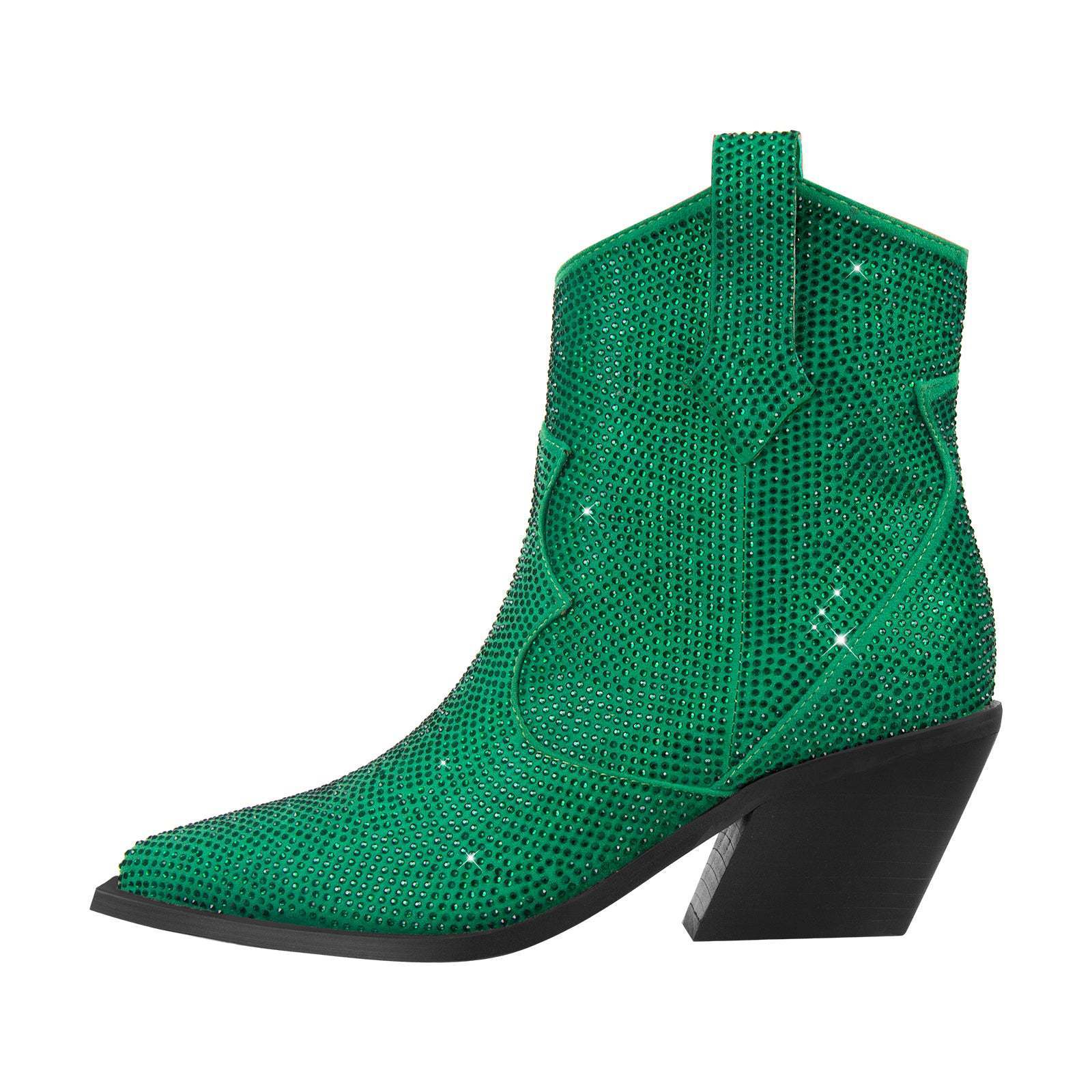 Green Pointed Baby’s Breath Rhinestone Chunky Heel Sleeve - Green / 35