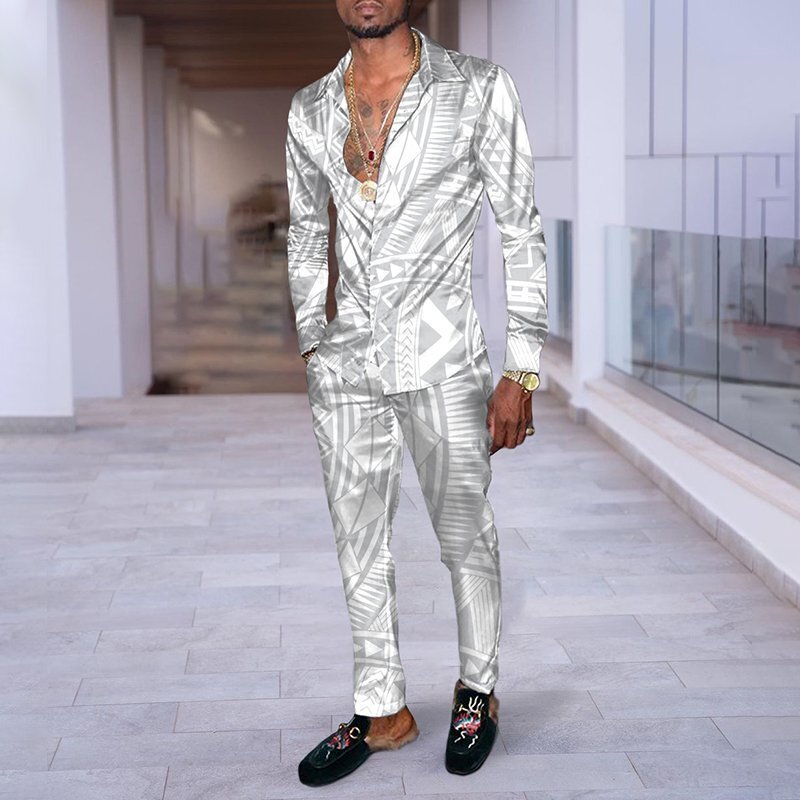 Hip Hop Hong Kong Style Fashion 3D Printing Casual Long Sleeve Shirt Suit - Grey / M