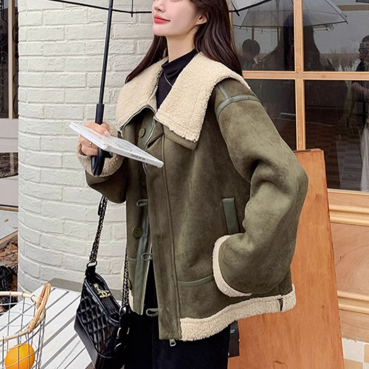 Women’s Korean-style Retro Green Suede Lambswool Coat