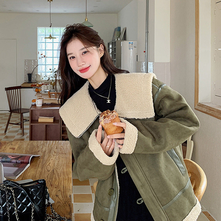 Women’s Korean-style Retro Green Suede Lambswool Coat
