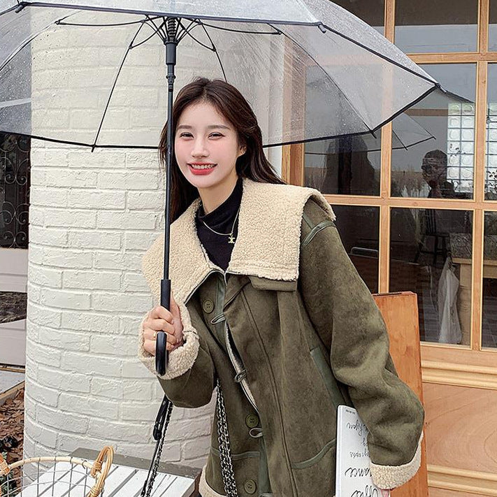 Women’s Korean-style Retro Green Suede Lambswool Coat