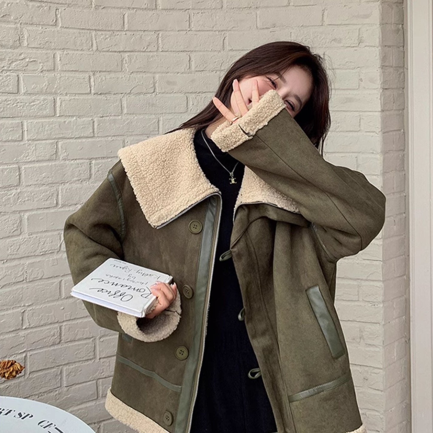 Women’s Korean-style Retro Green Suede Lambswool Coat
