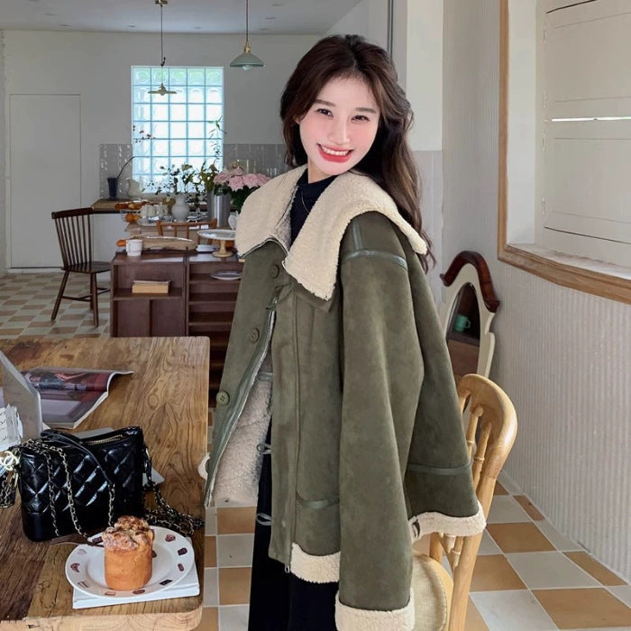Women’s Korean-style Retro Green Suede Lambswool Coat - Retro Green / S
