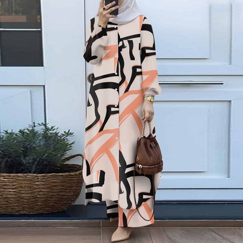 Muslim Suit Two-piece Spring And Autumn Clothing Retro Long Shirt Wide Leg Pants Suit - Apricot / S