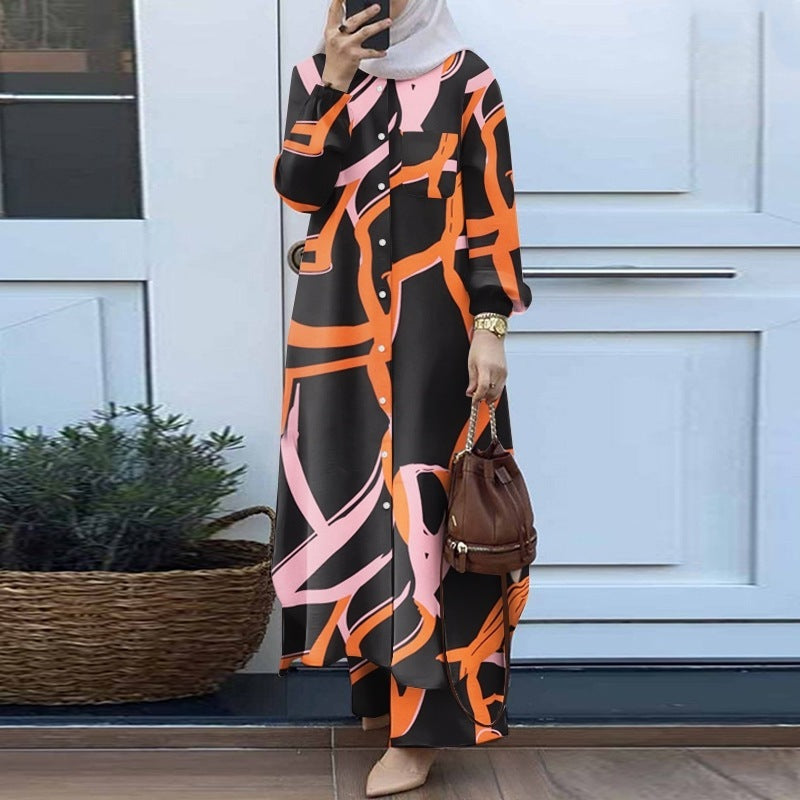Muslim Suit Two-piece Spring And Autumn Clothing Retro Long Shirt Wide Leg Pants Suit - Black / S