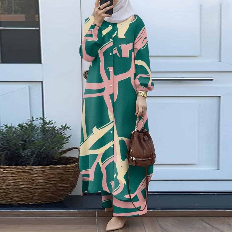 Muslim Suit Two-piece Spring And Autumn Clothing Retro Long Shirt Wide Leg Pants Suit - Green / S