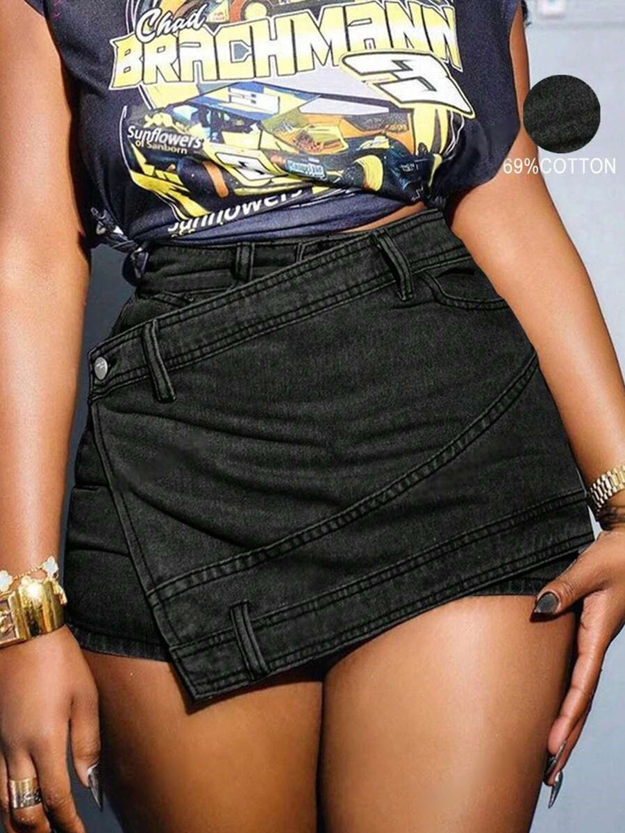 Grunge Punk Street New Vintage Stretchy Overlap Waist Wrap Asymmetric Hem A-Line Skinny Denim Skorts Halloween Clothes