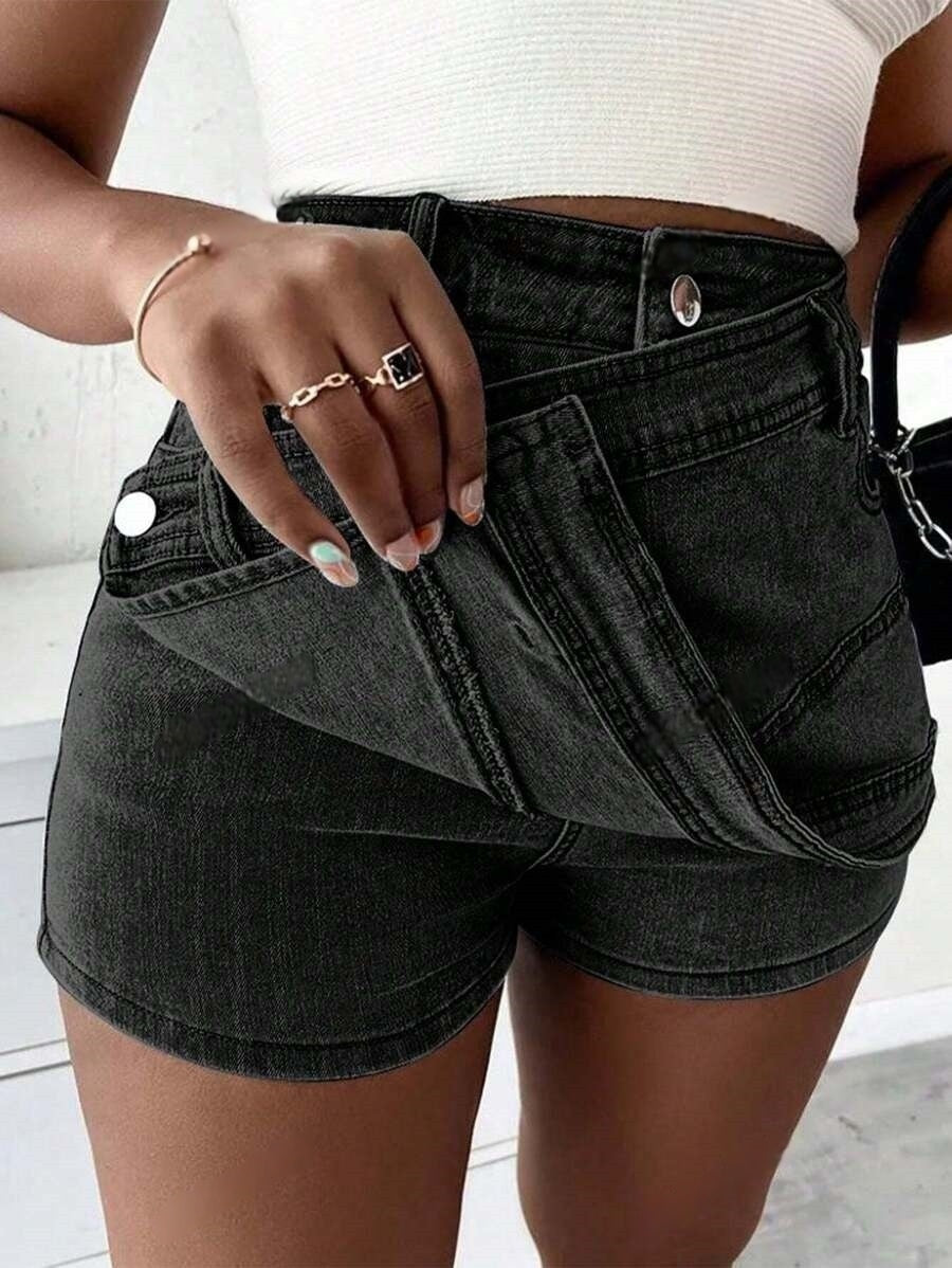 Grunge Punk Street New Vintage Stretchy Overlap Waist Wrap Asymmetric Hem A-Line Skinny Denim Skorts Halloween Clothes