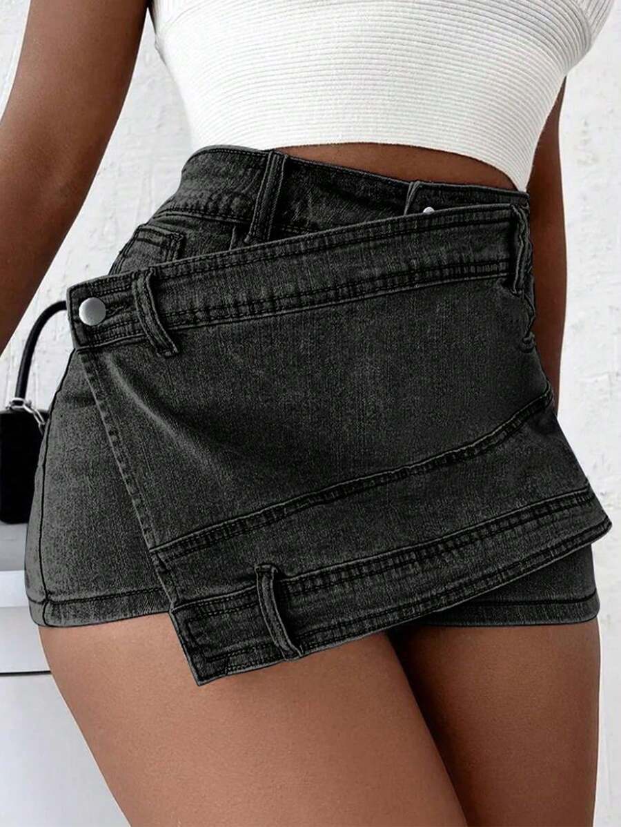 Grunge Punk Street New Vintage Stretchy Overlap Waist Wrap Asymmetric Hem A-Line Skinny Denim Skorts Halloween Clothes