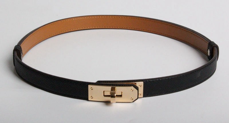 H home new kelly leather thin belt - Black gold buckle