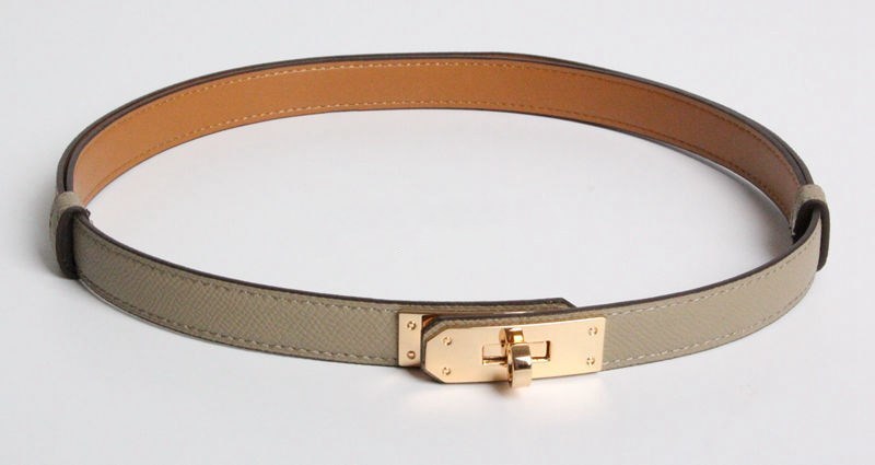 H home new kelly leather thin belt - Khaki gold buckle