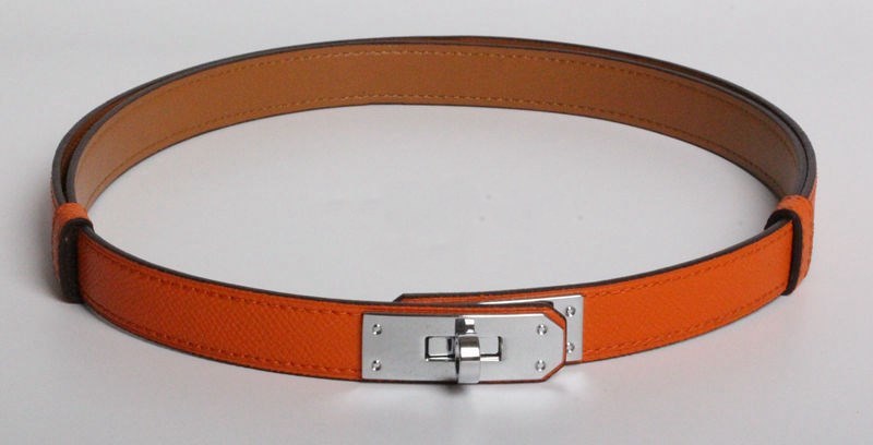 H home new kelly leather thin belt - Orange silver buckle