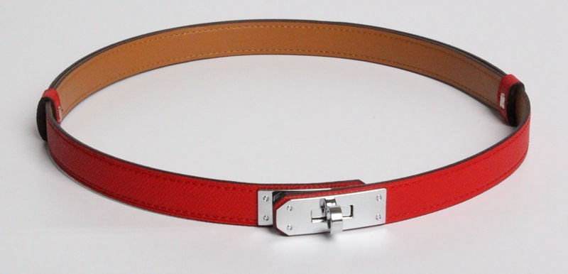 H home new kelly leather thin belt - Red silver buckle