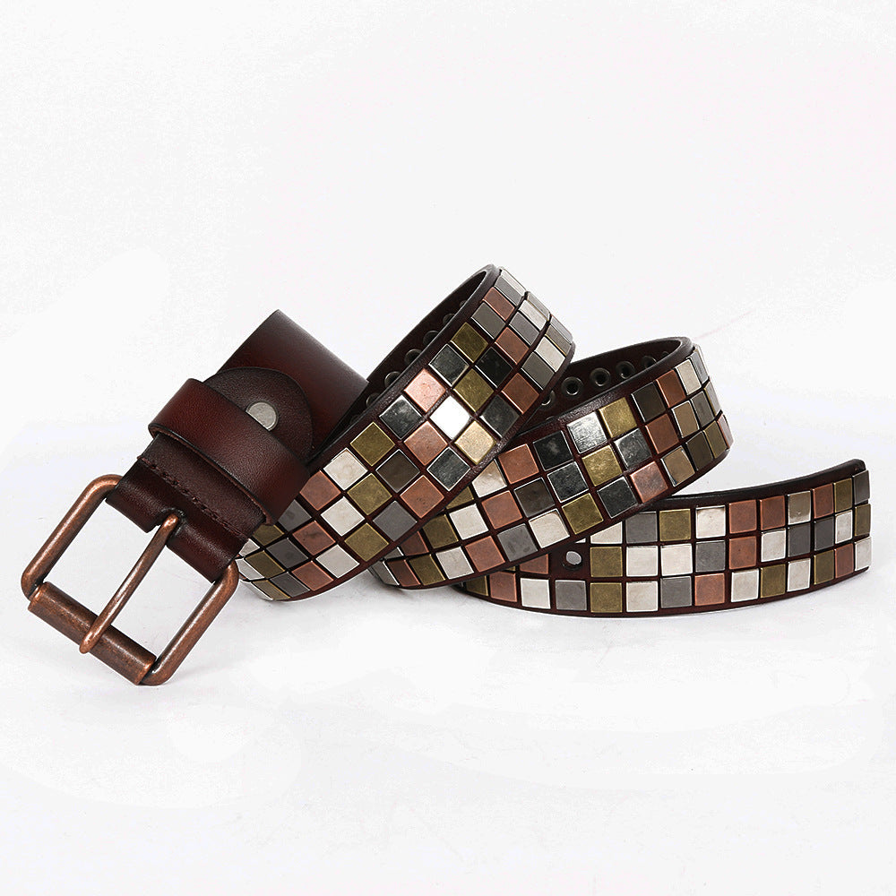 Hairdresser’s Top Layer Leather Flat Studded Belt With Square Patch - Brown / 100to125CM