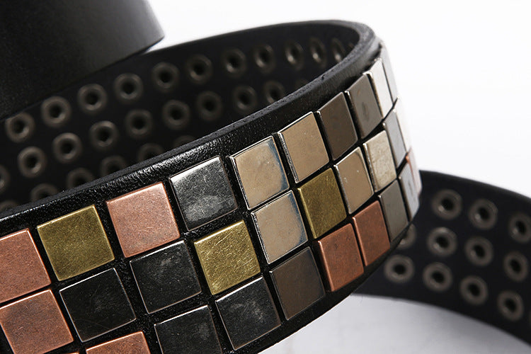 Hairdresser’s Top Layer Leather Flat Studded Belt With Square Patch