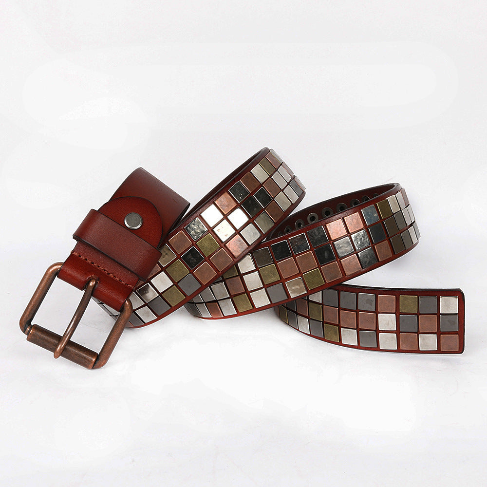 Hairdresser’s Top Layer Leather Flat Studded Belt With Square Patch - Wine Red / 100to125CM