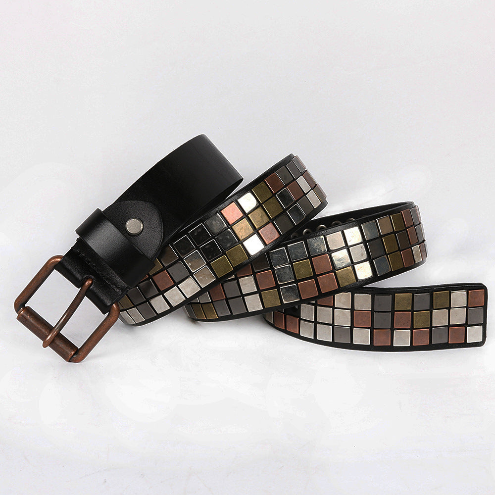 Hairdresser’s Top Layer Leather Flat Studded Belt With Square Patch