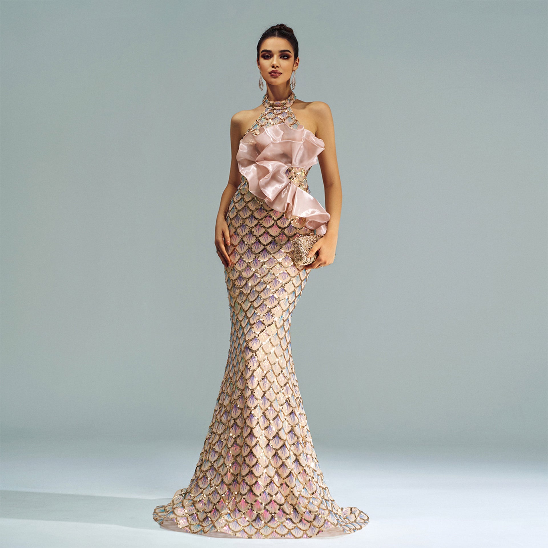 Halter Sequined Mermaid Evening Dress - Champagne / S