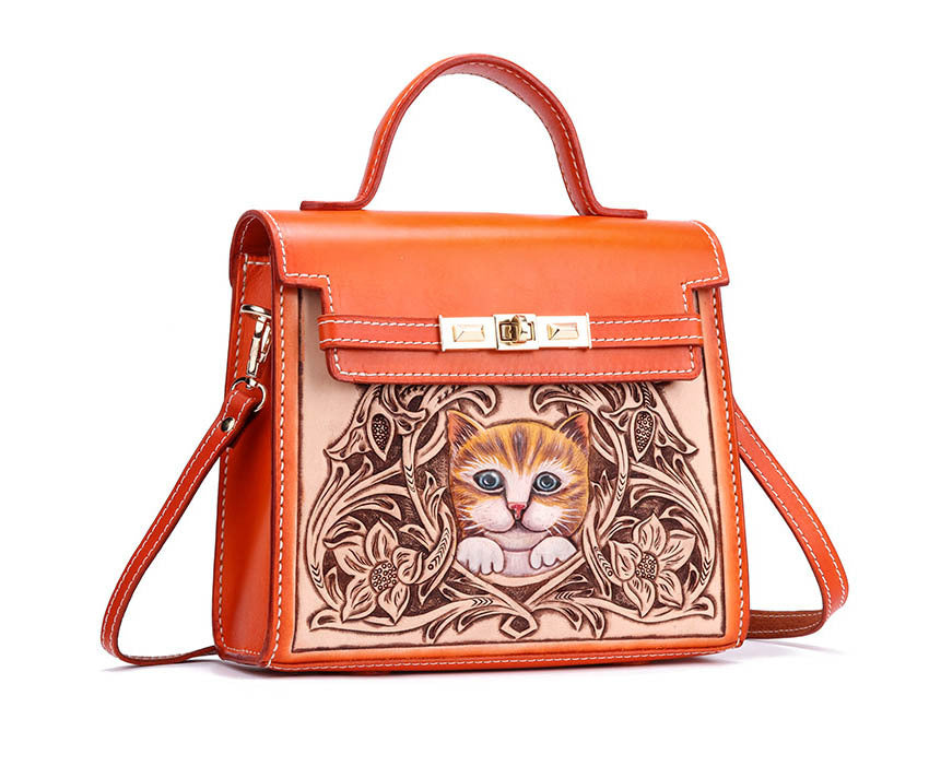 Handmade First Layer Cowhide Engraved Cat Handbag - Orange