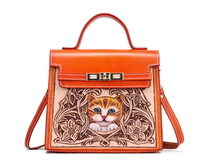 Handmade First Layer Cowhide Engraved Cat Handbag - Orange