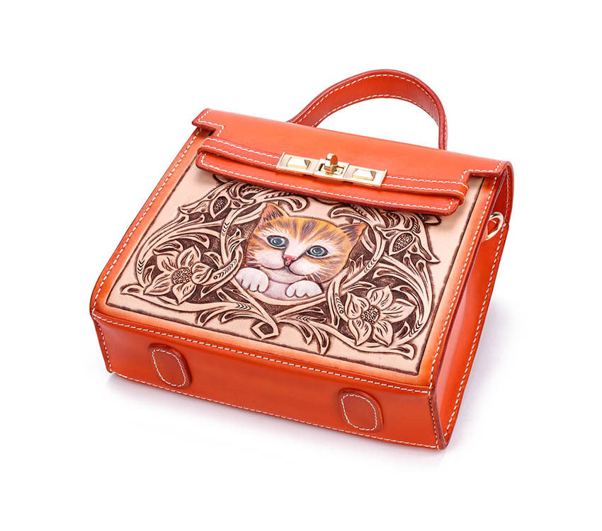 Handmade First Layer Cowhide Engraved Cat Handbag - Orange