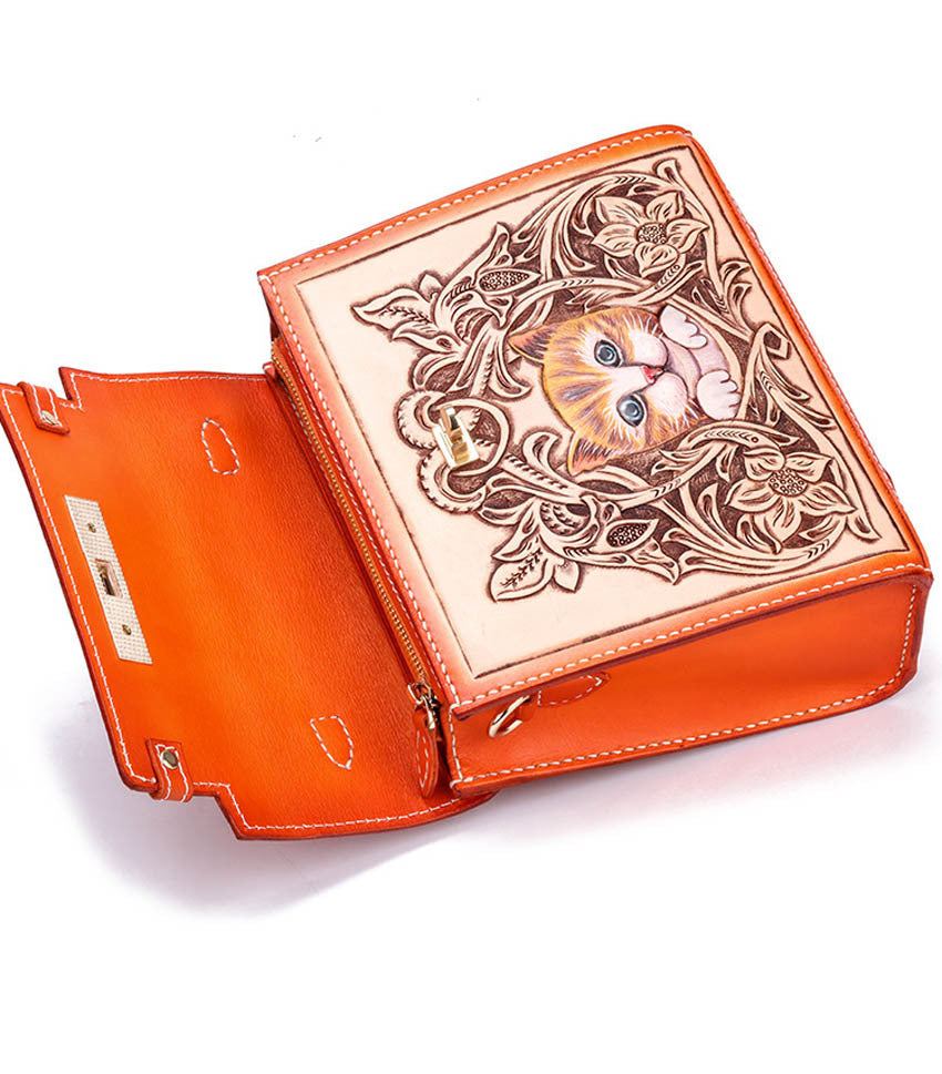 Handmade First Layer Cowhide Engraved Cat Handbag - Orange