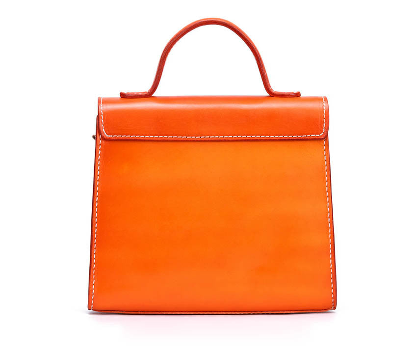 Handmade First Layer Cowhide Engraved Cat Handbag - Orange