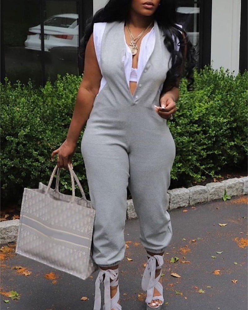 Fake Two-piece Sleeveless Long Ankle Banded Jumpsuit - Gray / S