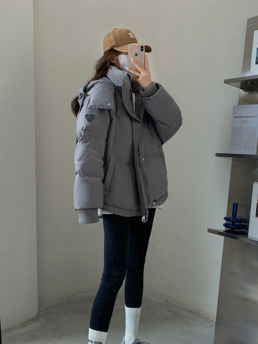 Gray With Heart Short Down Jacket Plus Size Women’s Bread Coat - Gray / S