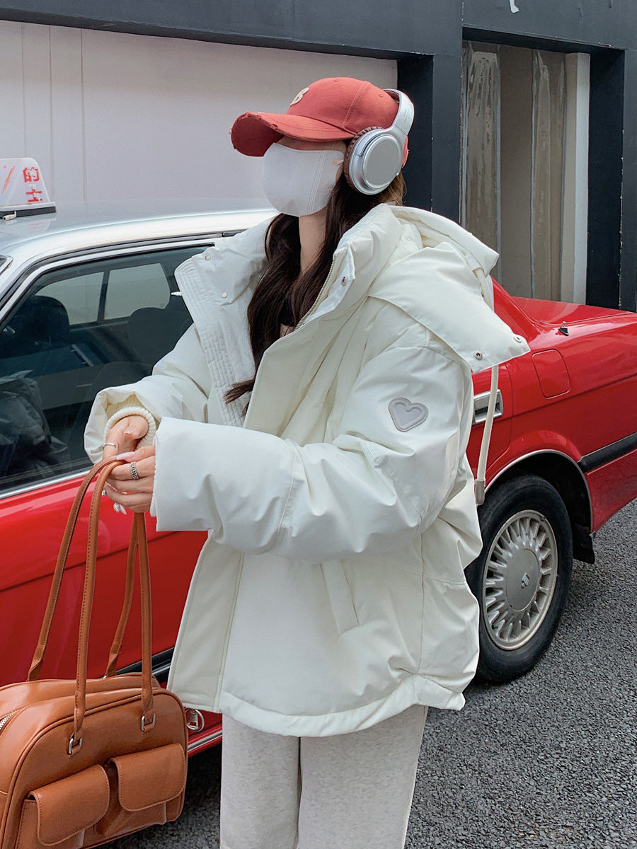 Gray With Heart Short Down Jacket Plus Size Women’s Bread Coat - White / S