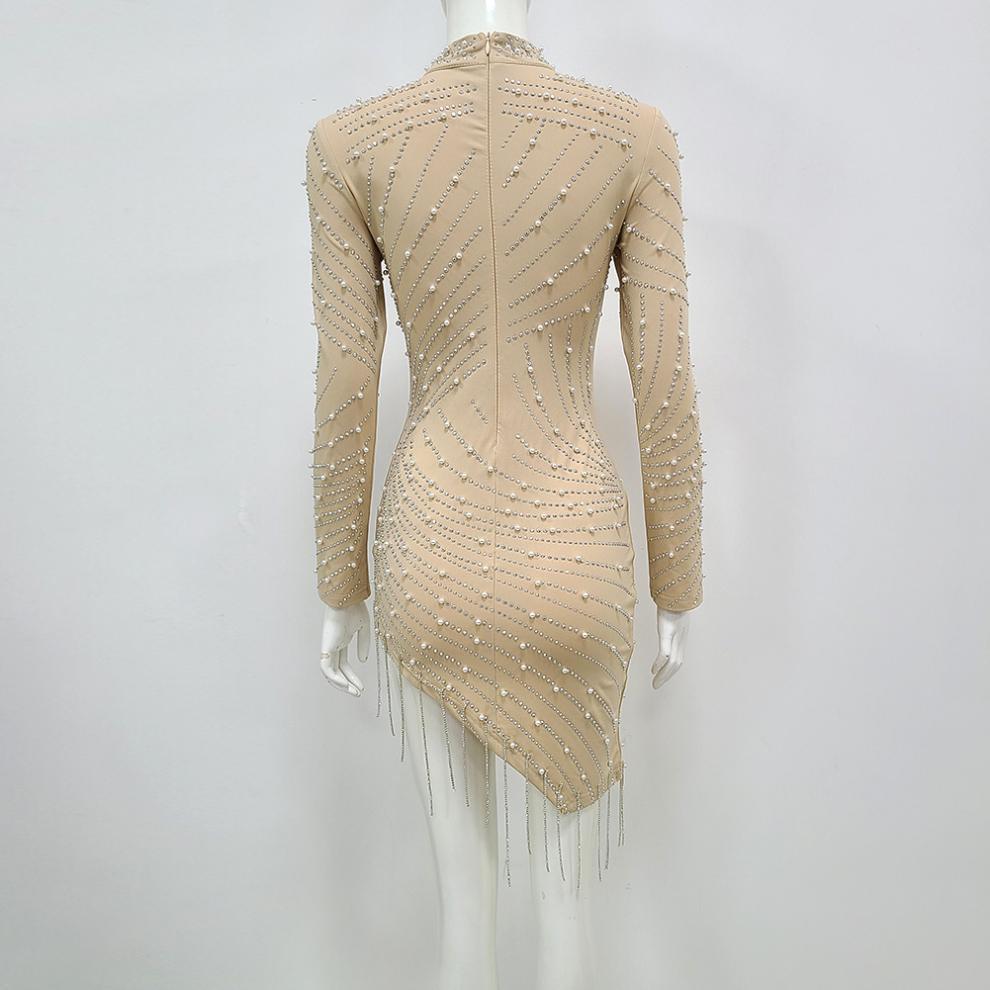 Heavy Industry Pearl Rhinestone Stretch Side Seam Tassel Short Dress - Apricot / XS