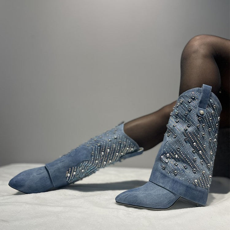 Heavy Industry Pointed Toe Stiletto Rhinestone Women’s Boots Jeans Pipe Boots
