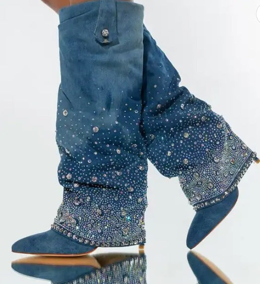 Heavy Industry Pointed Toe Stiletto Rhinestone Women’s Boots Jeans Pipe Boots - 1color / 34