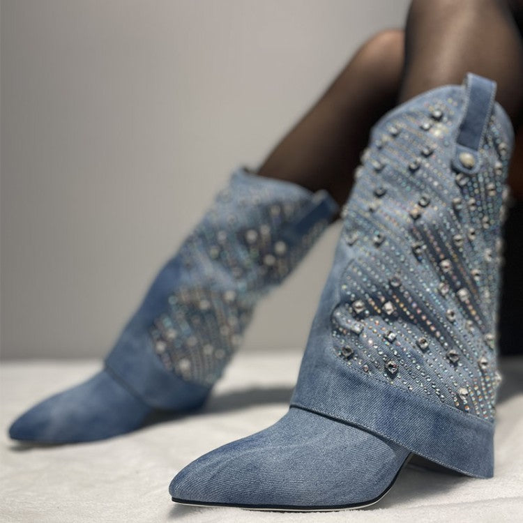 Heavy Industry Pointed Toe Stiletto Rhinestone Women’s Boots Jeans Pipe Boots - Denim Blue / 34